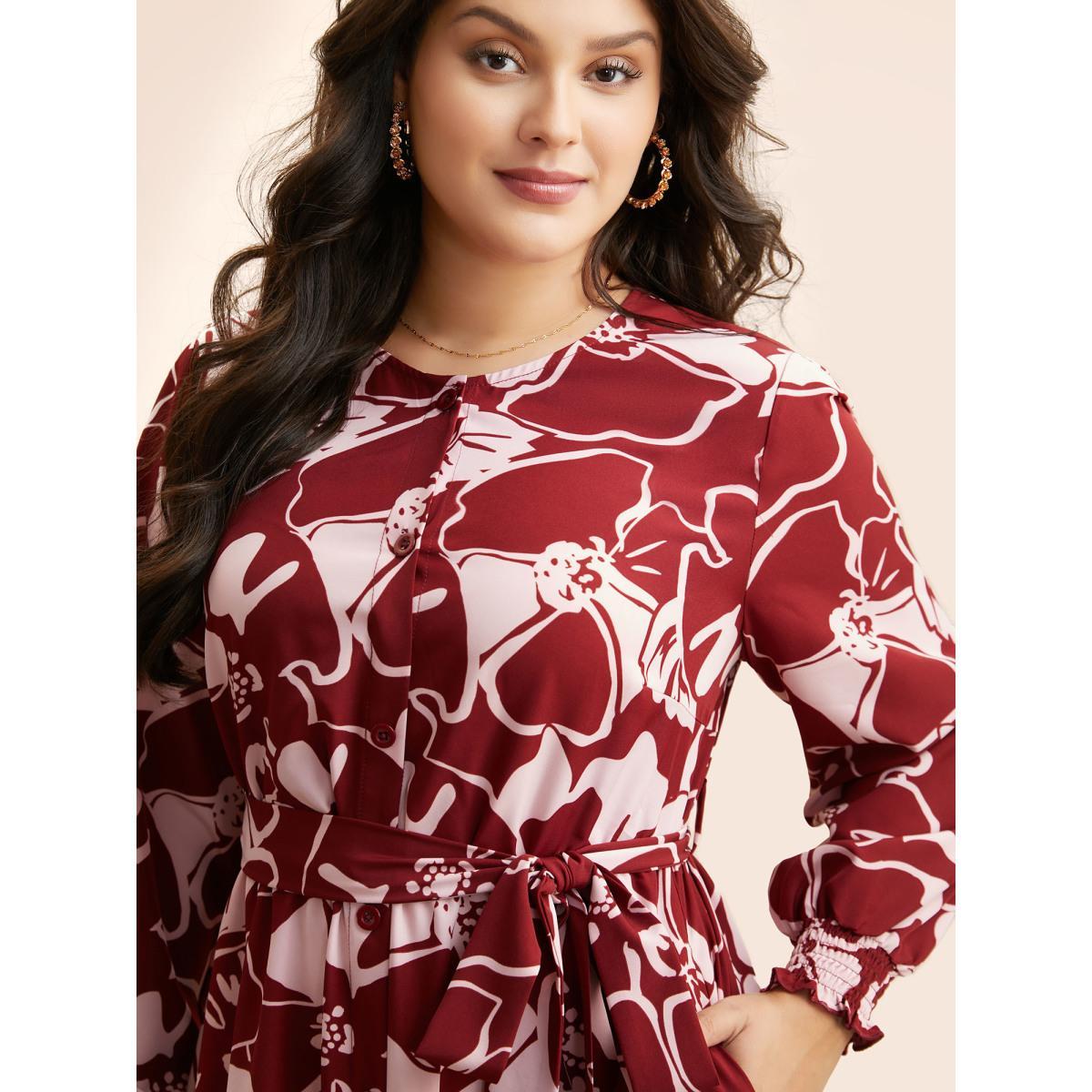 Plus Size Floral Button Up Belted Dress Burgundy Women Elegant Belted Round Neck Long Sleeve Curvy BloomChic 12/L Product Image