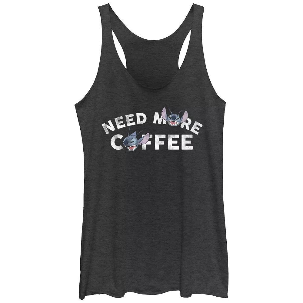 Disneys Lilo & Stitch Need More Coffee Juniors Tri-Blend Racerback Tank Top, Girls Black Grey Product Image
