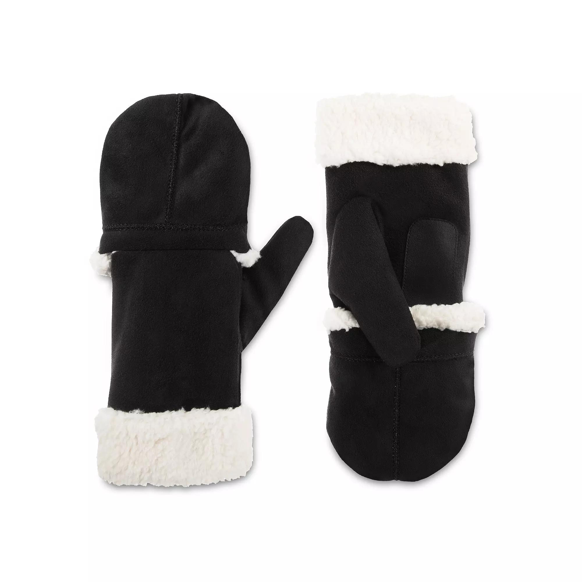 Women's isotoner Microsuede Berber Trim Convertible Flip Mittens, Size: Small-Medium, Black Product Image