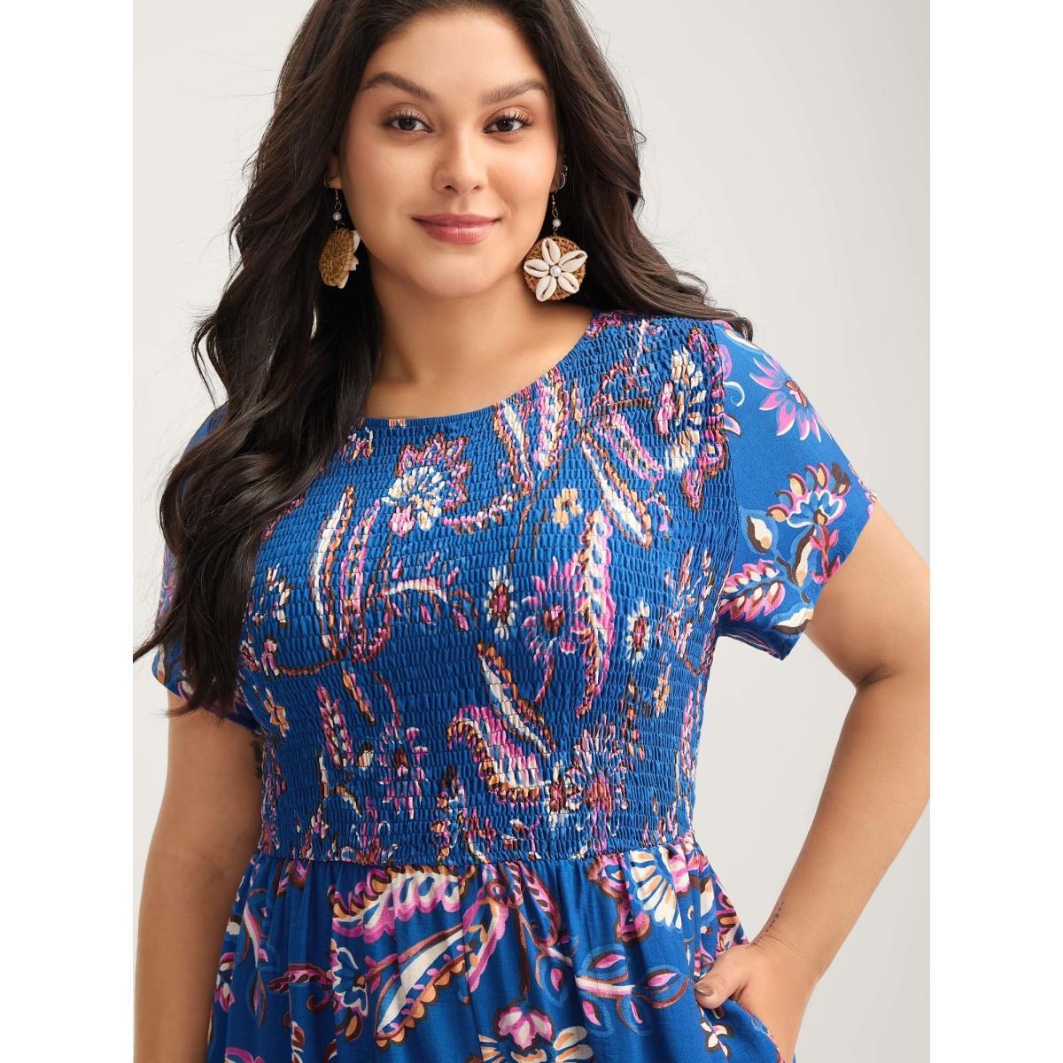 Plus Size DarkBlue Floral Shirred Bodice Pockets Jumpsuit Women Cap Sleeve Round Neck Vacation Loose Jumpsuits BloomChic 14-16/1X Product Image