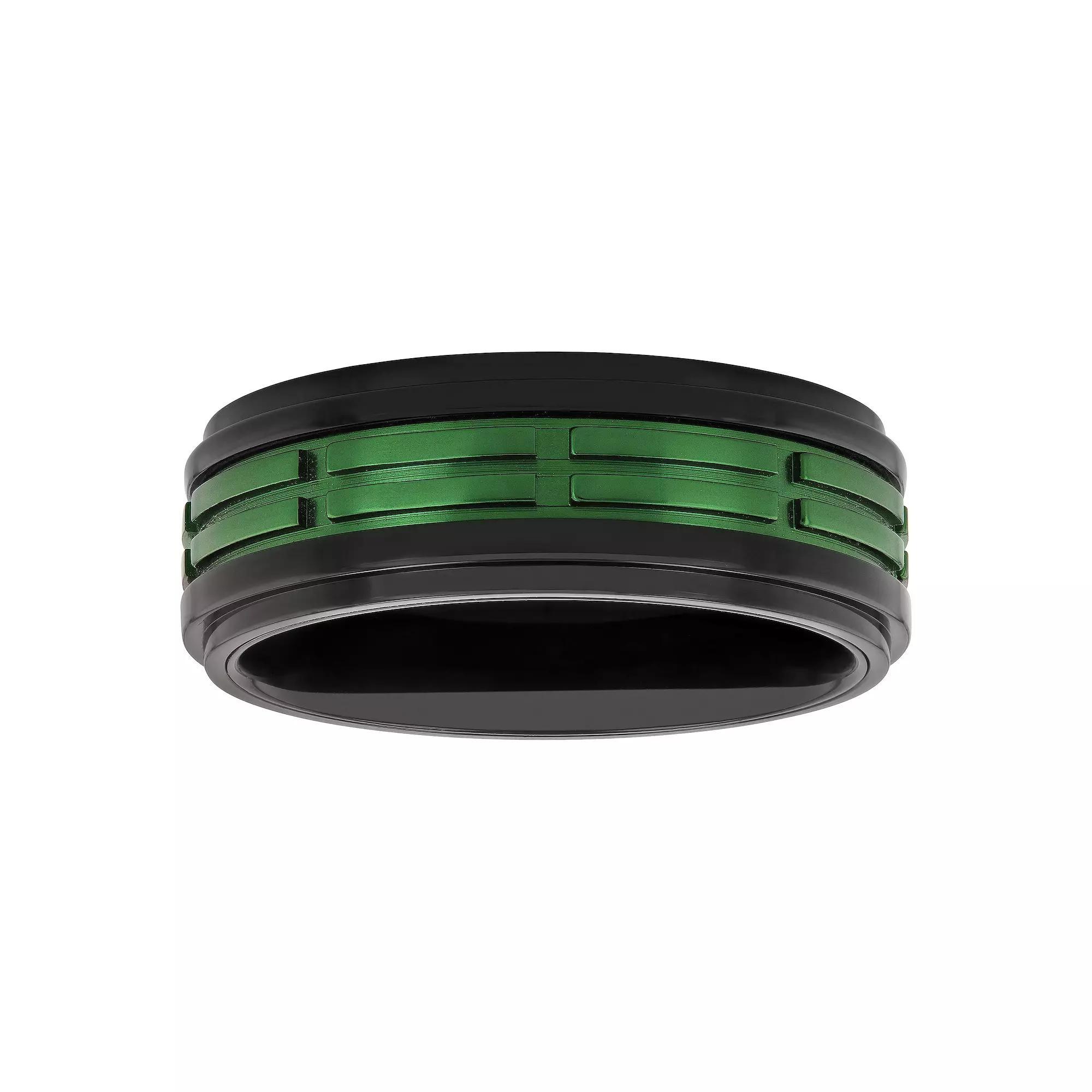 Mens Black & Green Stainless Steel Treaded Wedding Band Two Tone Product Image