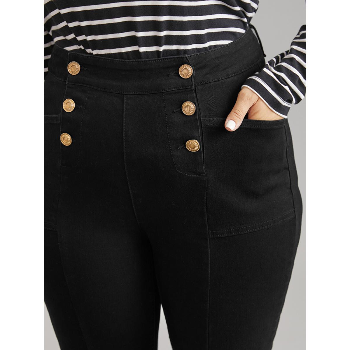 Plus Size High Stretch Skinny Metal Detail Jeans Women Black Casual Plain Plain High stretch Pocket Jeans BloomChic 12/L Product Image