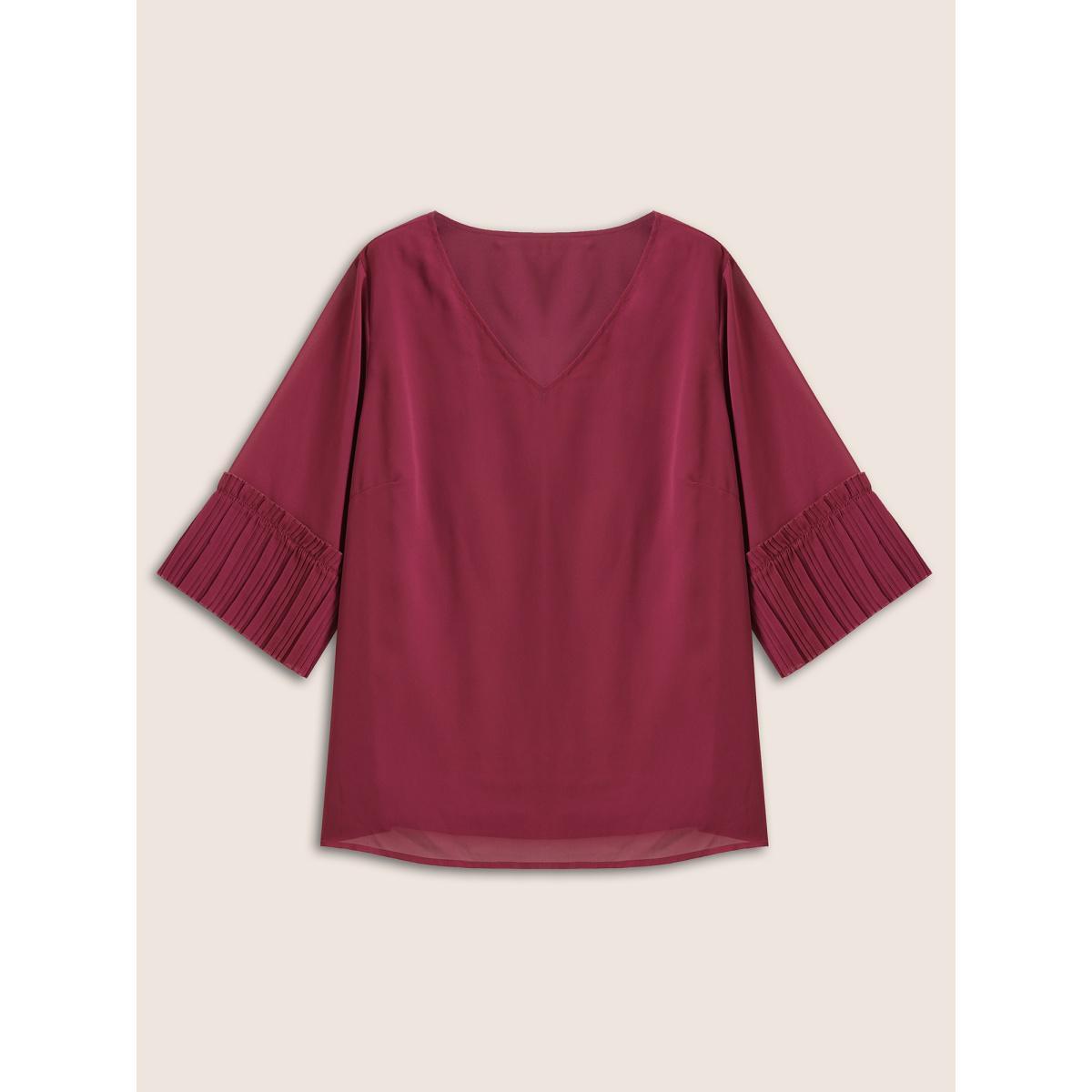 Plus Size Purple Solid Pleated Patchwork Mesh Bell Sleeve Blouse Women Elegant Elbow-length sleeve V-neck Everyday Blouses BloomChic 22-24/3X Product Image