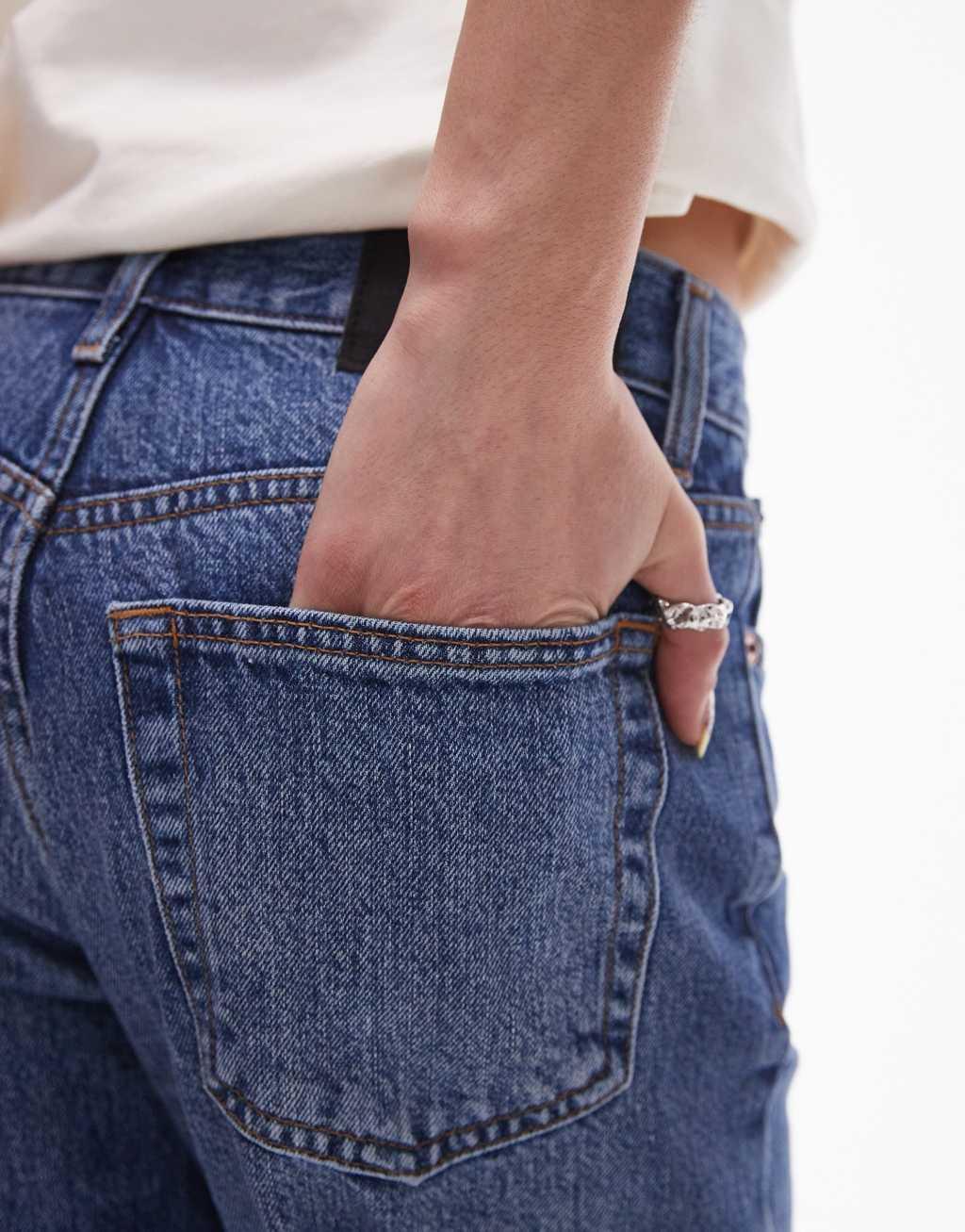 Topshop Runway cropped mid rise straight jeans in mid blue Product Image