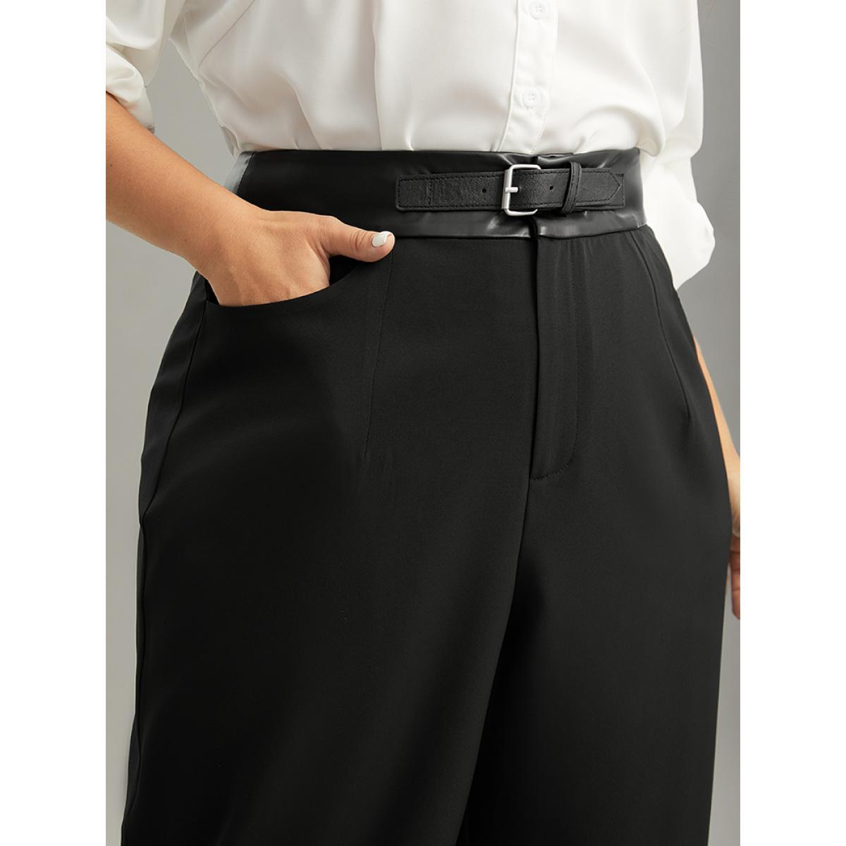 Plus Size Static-Free PU Leather Buckle Detail Pants Women Black Office High Rise Work Pants BloomChic 28/5X Product Image