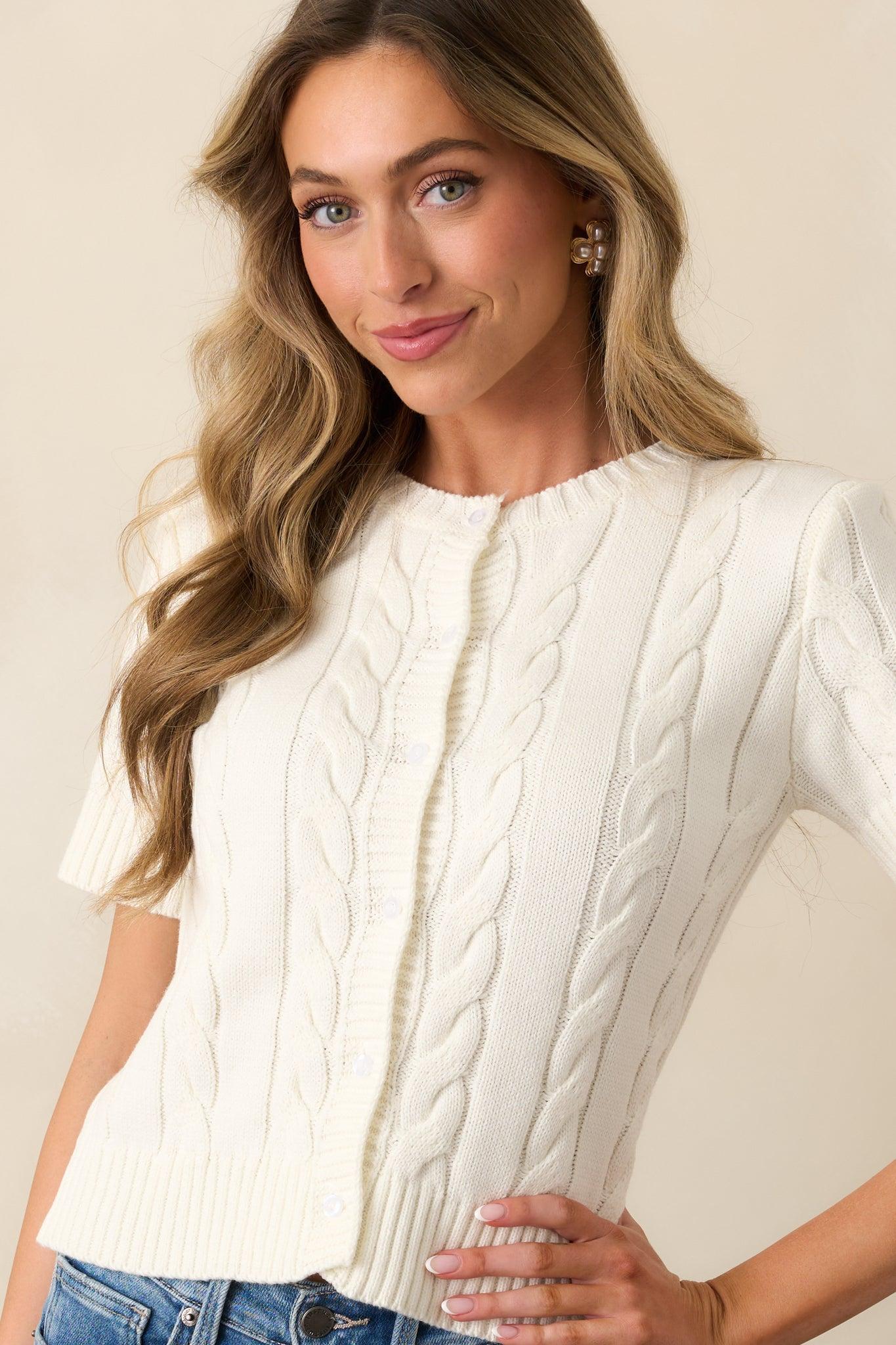 Feels Like Home Ivory Short Sleeve Cable Knit Cardigan Product Image