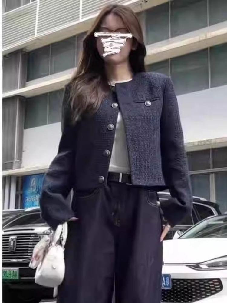 Round Neck Plain Tweed Single Breasted Cropped Jacket Product Image