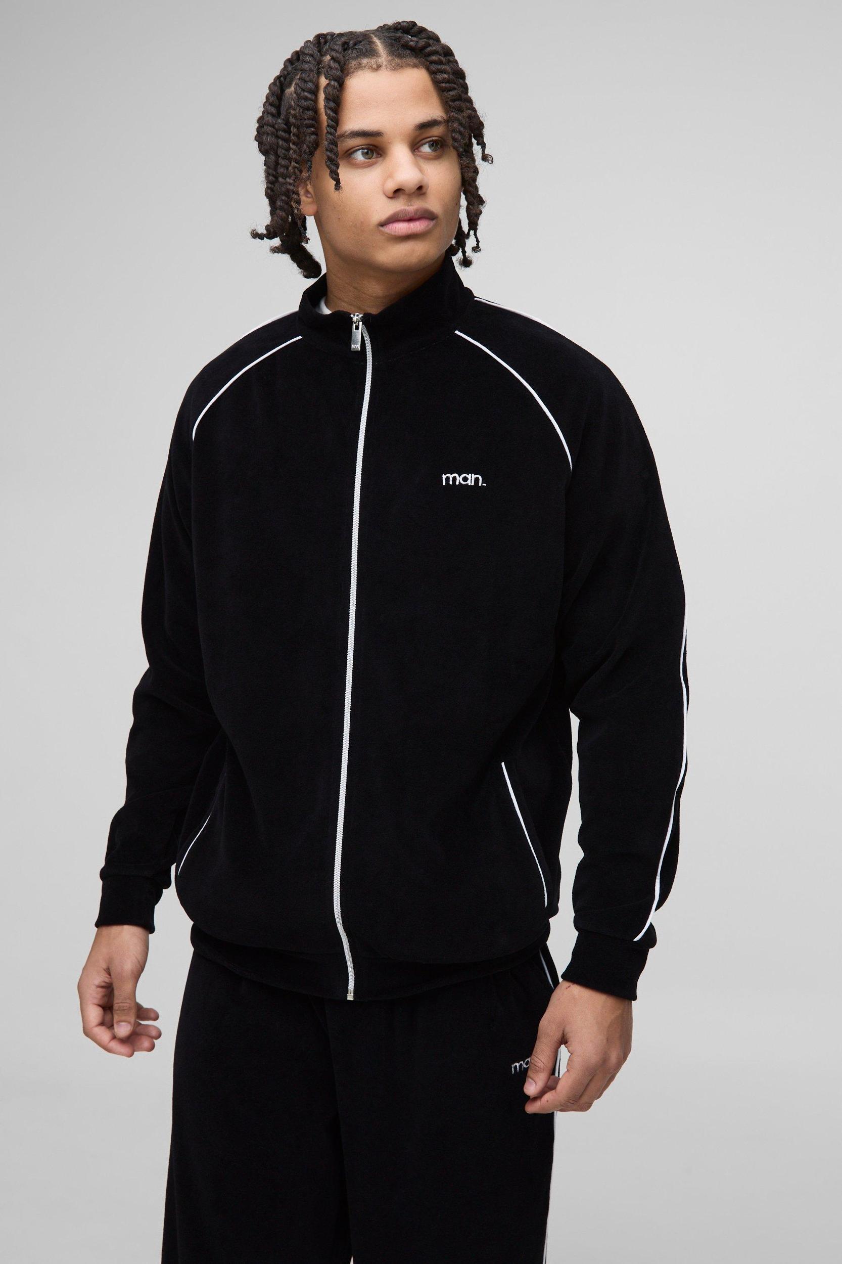 Wide Leg Man Embroidered Contrast Piping Velour Tracksuit | boohooMAN USA Product Image