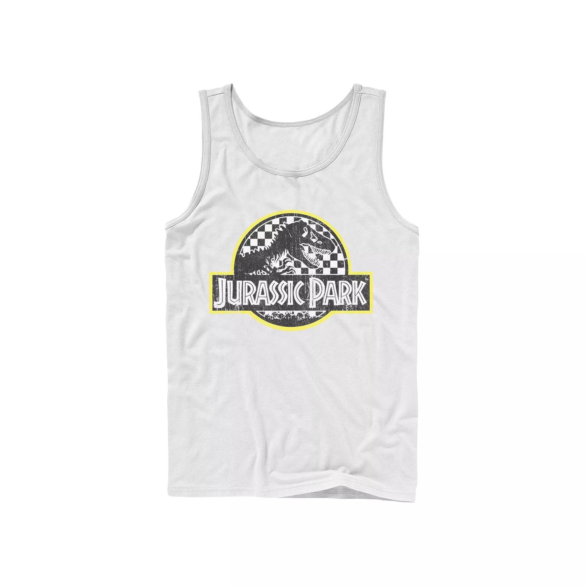 Men's Jurassic Park Checkered Classic Logo Tank Top, Size: Large, White Product Image