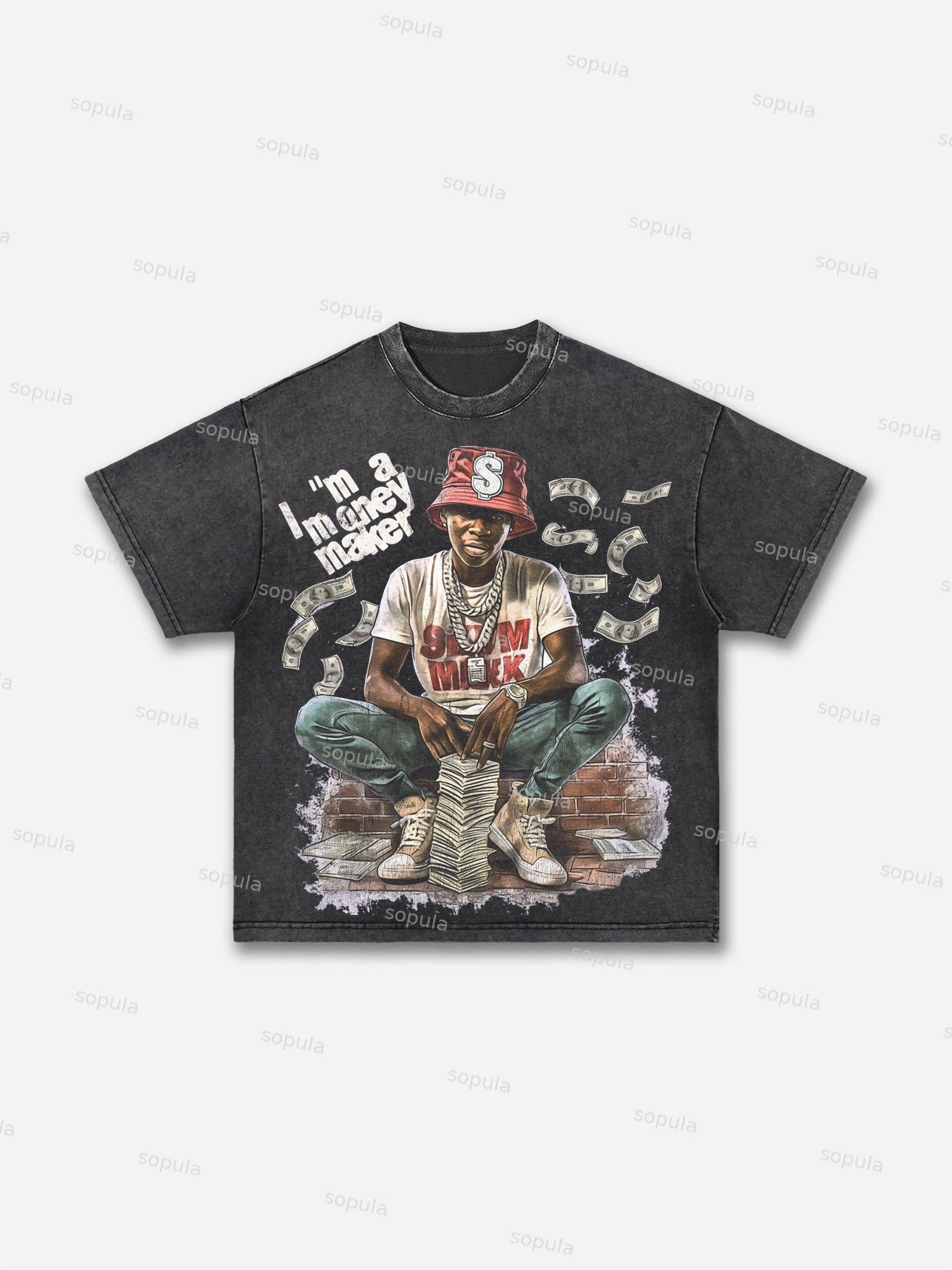 Vintage Street I'm A Money Maker Graphic Acid Wash T-shirt Product Image