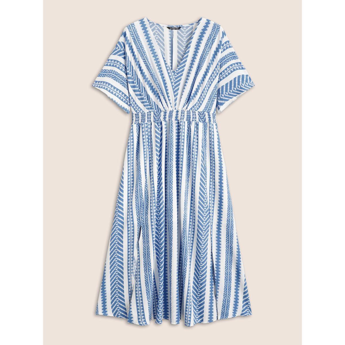 Plus Size Solid Geometric Dolman Sleeve Pocket Shirred Split Hem Dress Blue Women Resort Non V-neck Half Sleeve Curvy Long Dress BloomChic 28/5X Product Image