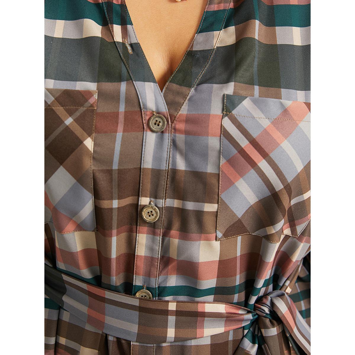 Plus Size Plaid Button Through Patched Pocket Dress Black Women Casual Belted Notched collar Long Sleeve Curvy Midi Dress BloomChic 22-24/3X Product Image