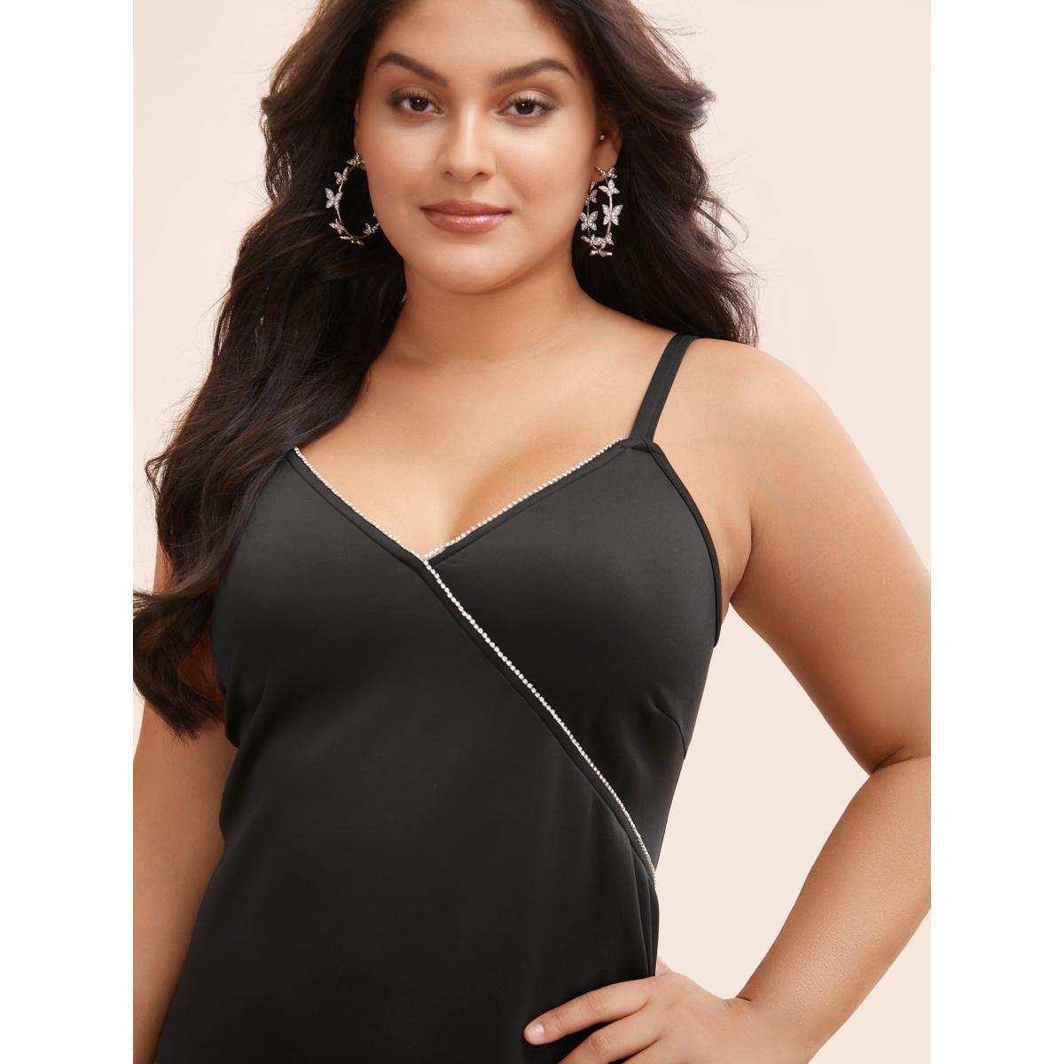 Plus Size Rhinestone Detail Overlap Collar Cami Dress Black Women Cocktail Rhinestone detailing Overlap Collar Sleeveless Curvy BloomChic 26/4X Product Image