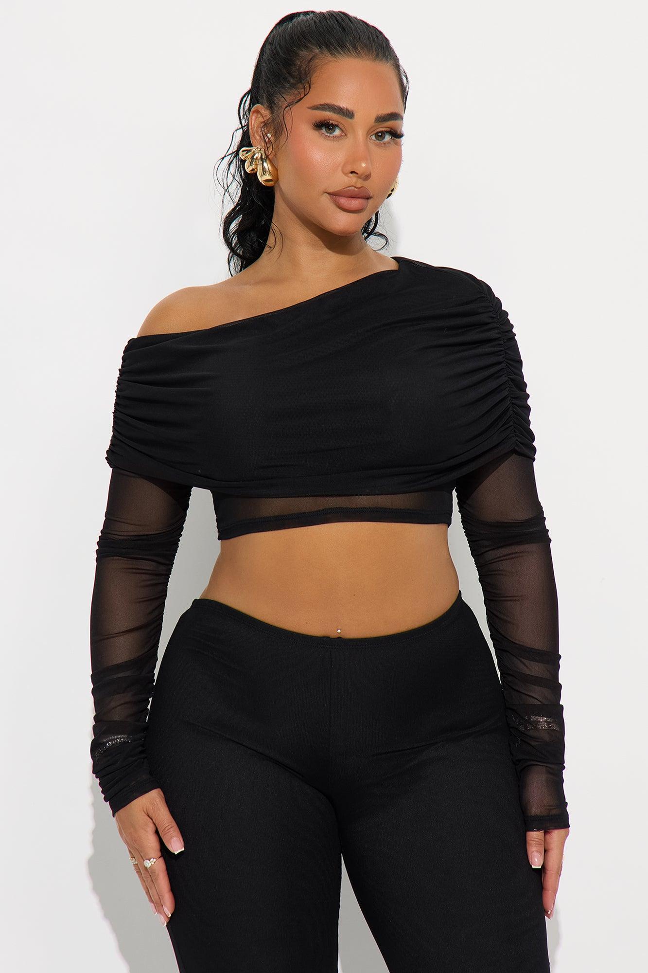 Shilo Off Shoulder Mesh Pant Set - Black Product Image