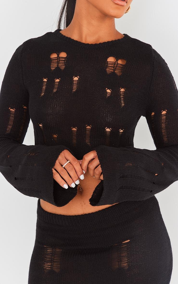  Black Distressed Ladder Knit Long Sleeve Top Product Image