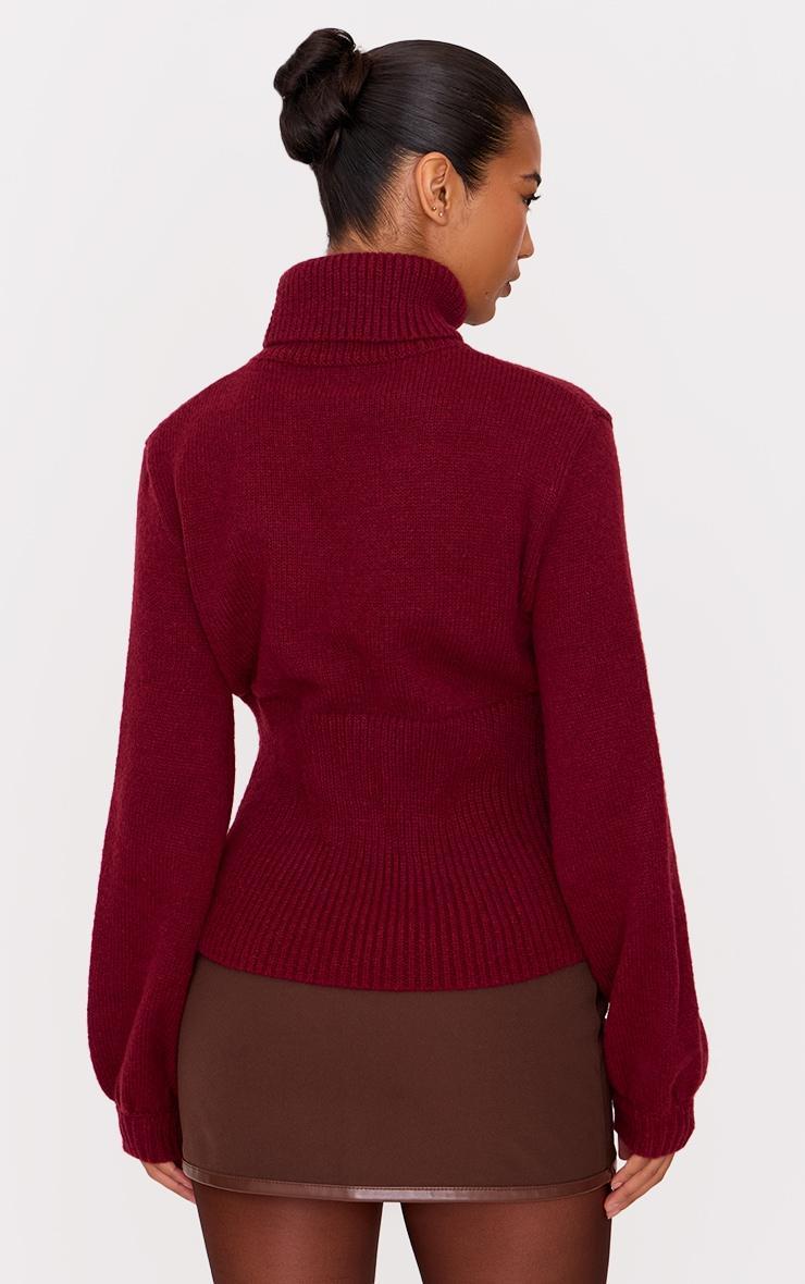 Burgundy Roll Neck Contrast Panel Knitted Sweater Product Image