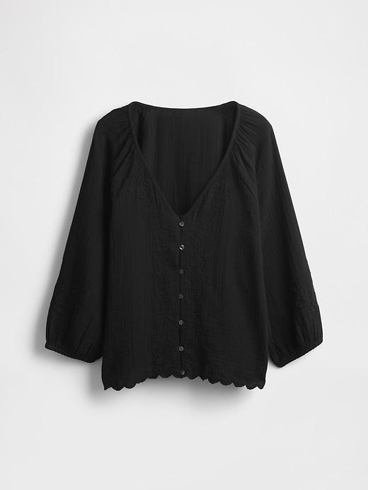Cotton Gauze Embroidered V-Neck Top Product Image