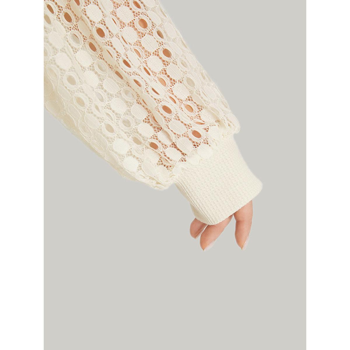 Plus Size Lace Panel Raglan Sleeve Waffle Knit Sweatshirt Women Ivory Elegant Patchwork Round Neck Dailywear Sweatshirts BloomChic 26/4X Product Image