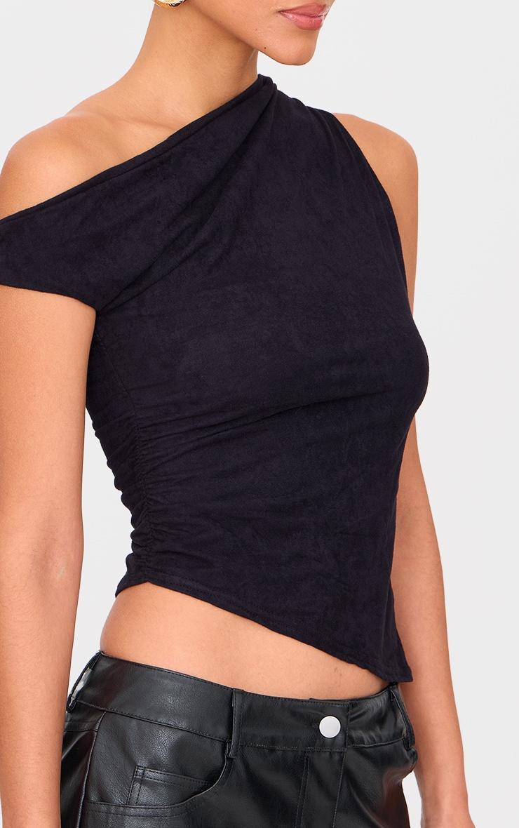 Black Faux Suede Asymmetric Hem Detail Long Top Product Image