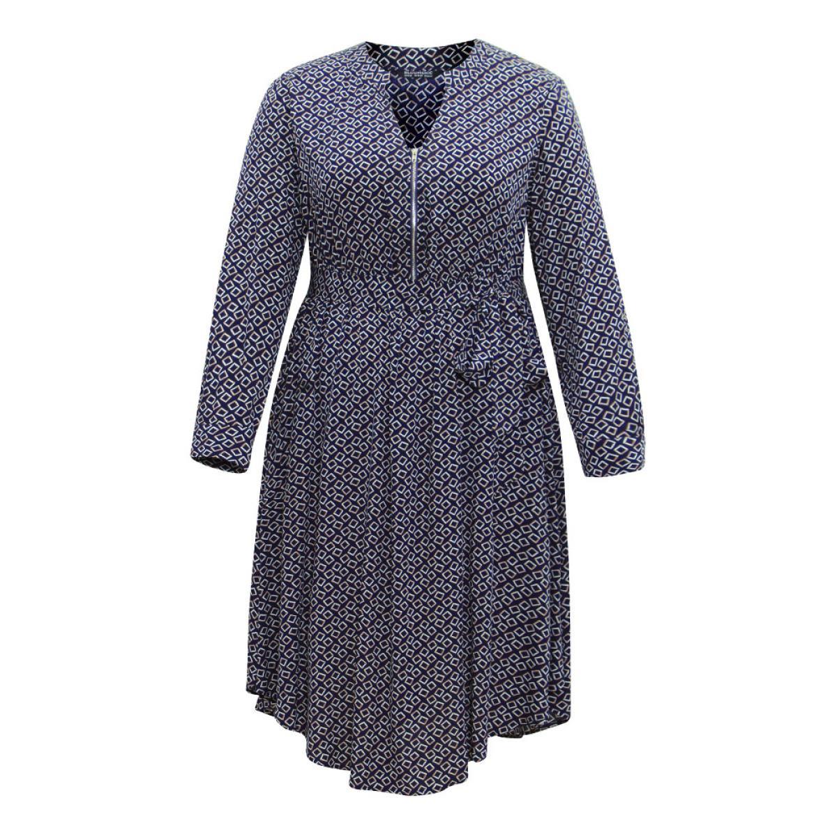 Plus Size Geometric Graphic Notched Zipper Bowknot Dress DarkBlue Women At the Office Belted Notched collar Long Sleeve Curvy Midi Dress BloomChic 18-20/2X Product Image