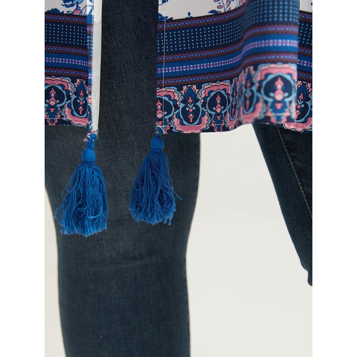 Plus Size Floral Print Tassels Trim Split Side Kimono Women Cerulean Casual Drape Pocket Dailywear Kimonos BloomChic 22-24/3X Product Image