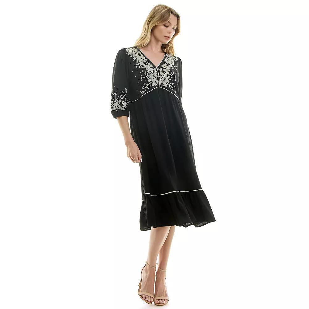 Women's Figueroa & Flower Elbow Sleeve Embroidered Peasant Dress, Size: Medium, Black Product Image