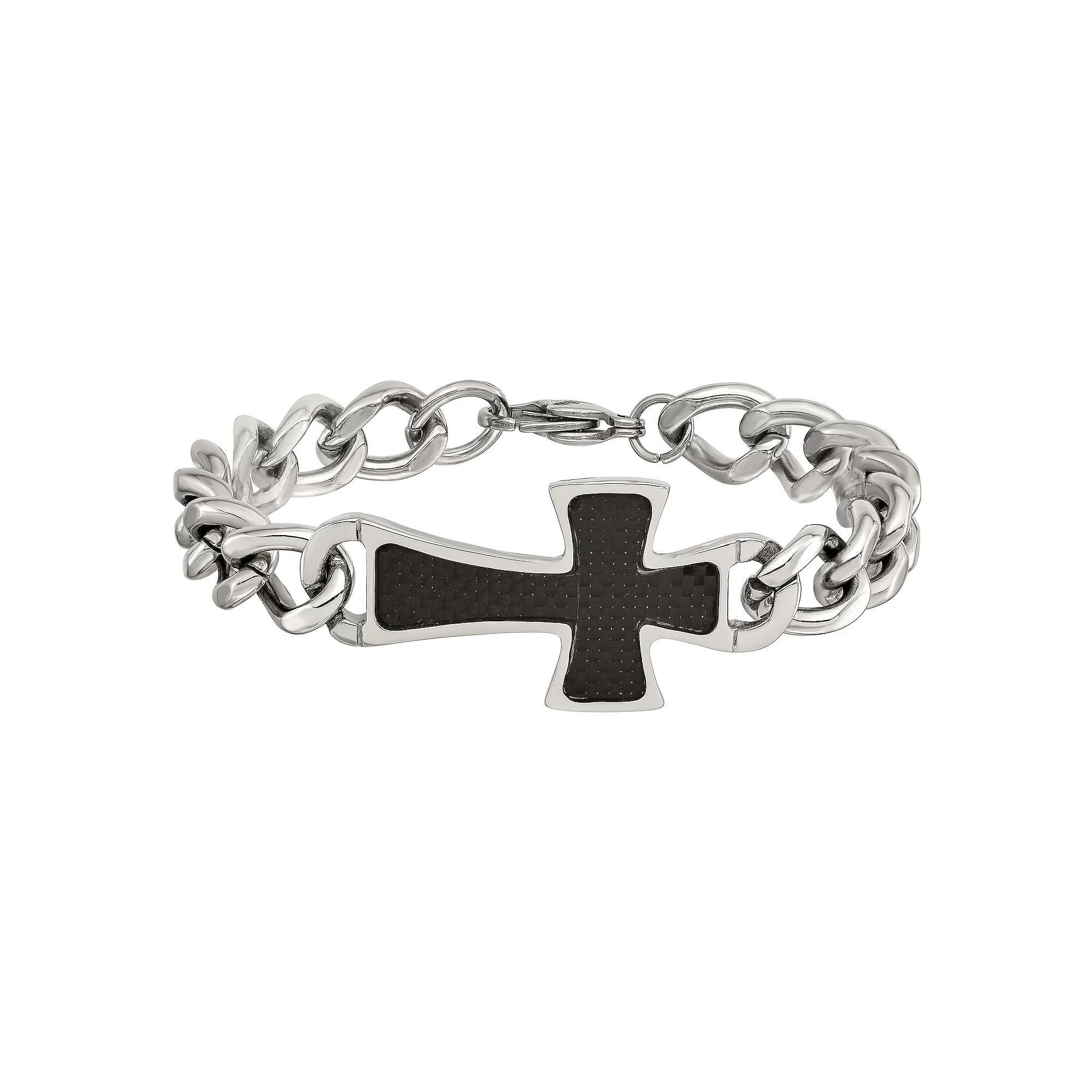 Men's Stainless Steel Black Carbon Fiber Cross Bracelet, Size: 8.5" Product Image