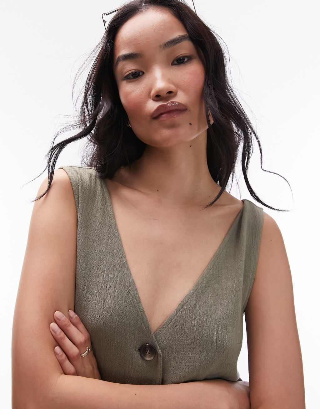Topshop button down romper in khaki Product Image