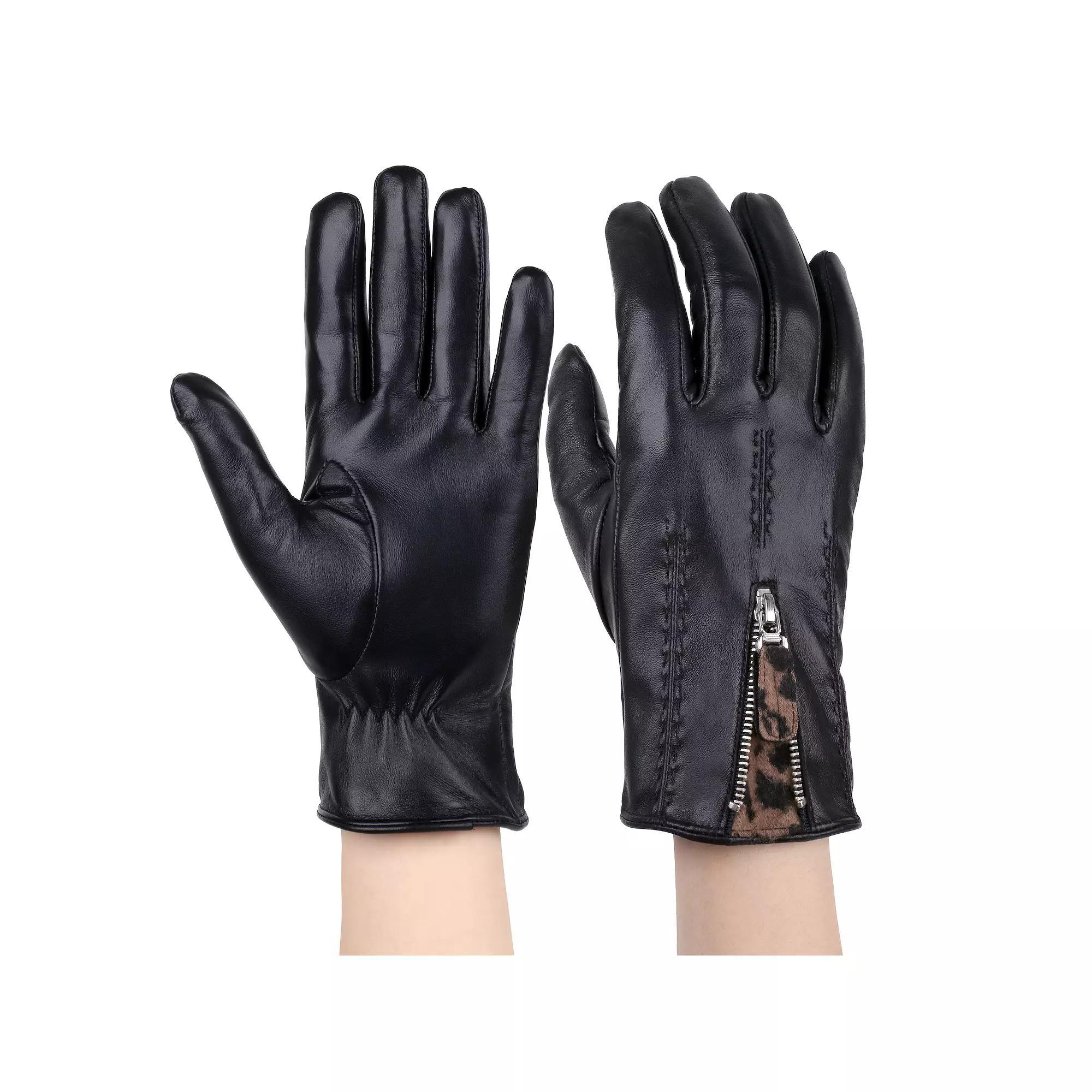 Women's Karla Hanson Leather Gloves with Leopard Gusset, Size: Large, Black Leopard Product Image