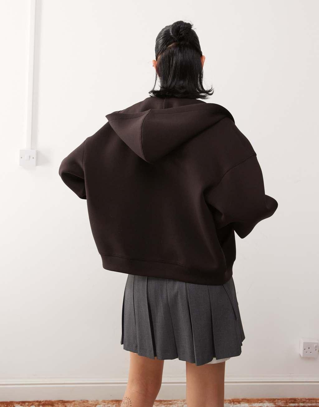 Weekday Scarlet scuba zip through hoodie in brown Product Image
