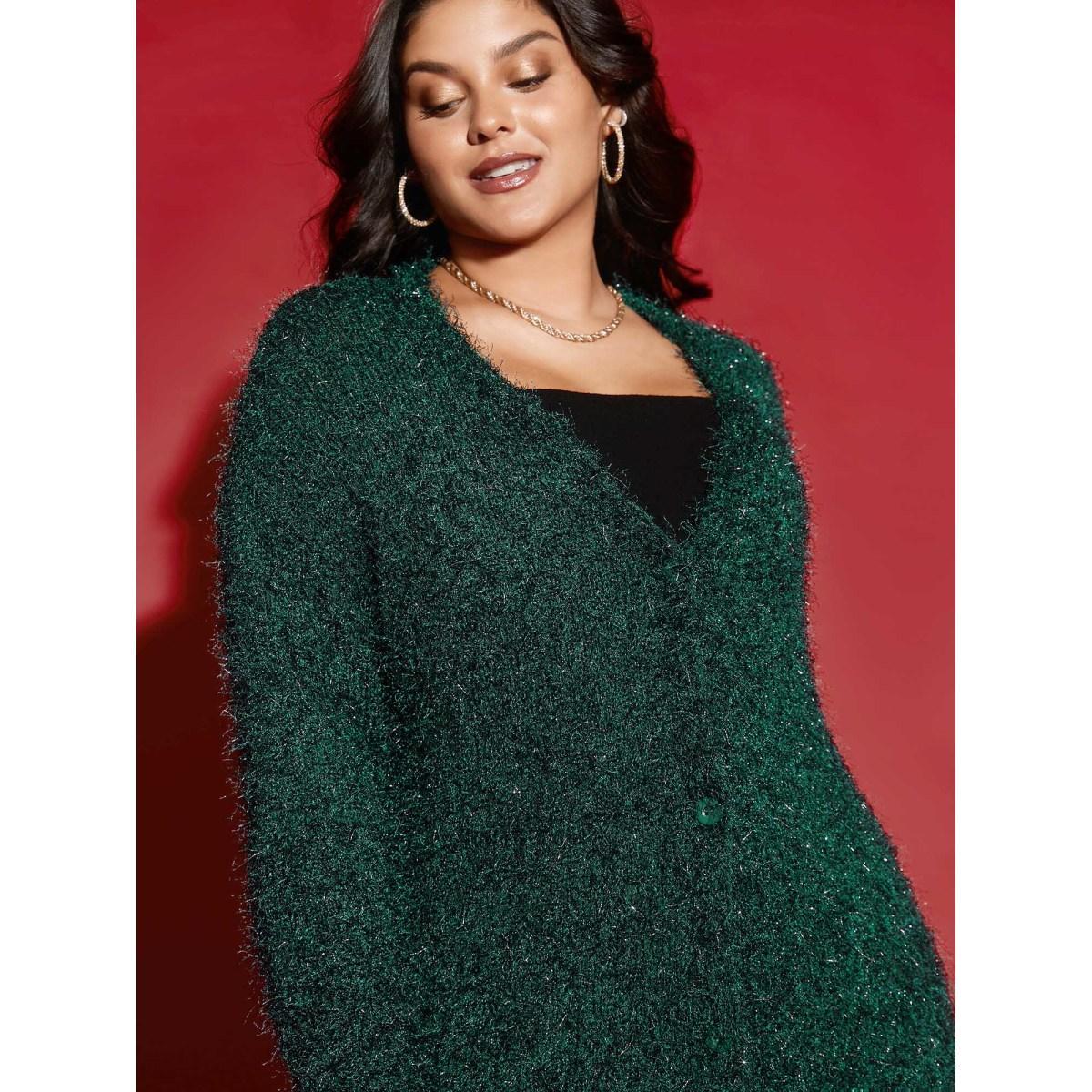 Plus Size Shimmery V-neck Button-Front Cardigan DarkGreen Women Cocktail Loose Long Sleeve Party Cardigans BloomChic 22-24/3X Product Image