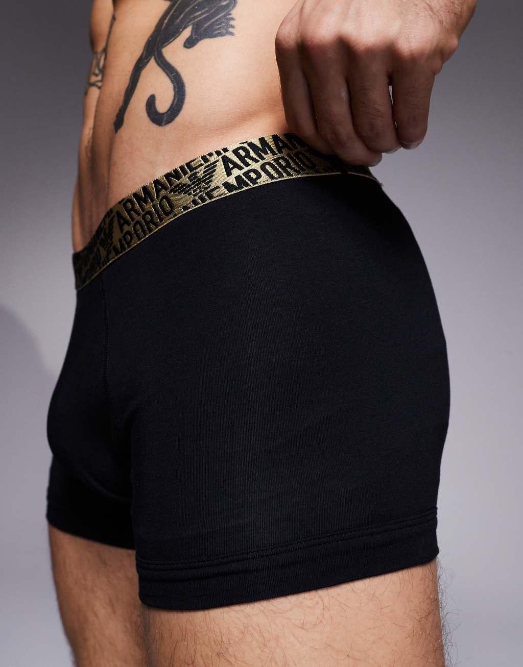 Emporio Armani bodywear 2 pack boxer briefs in black with gold logo waistband in gift box Product Image