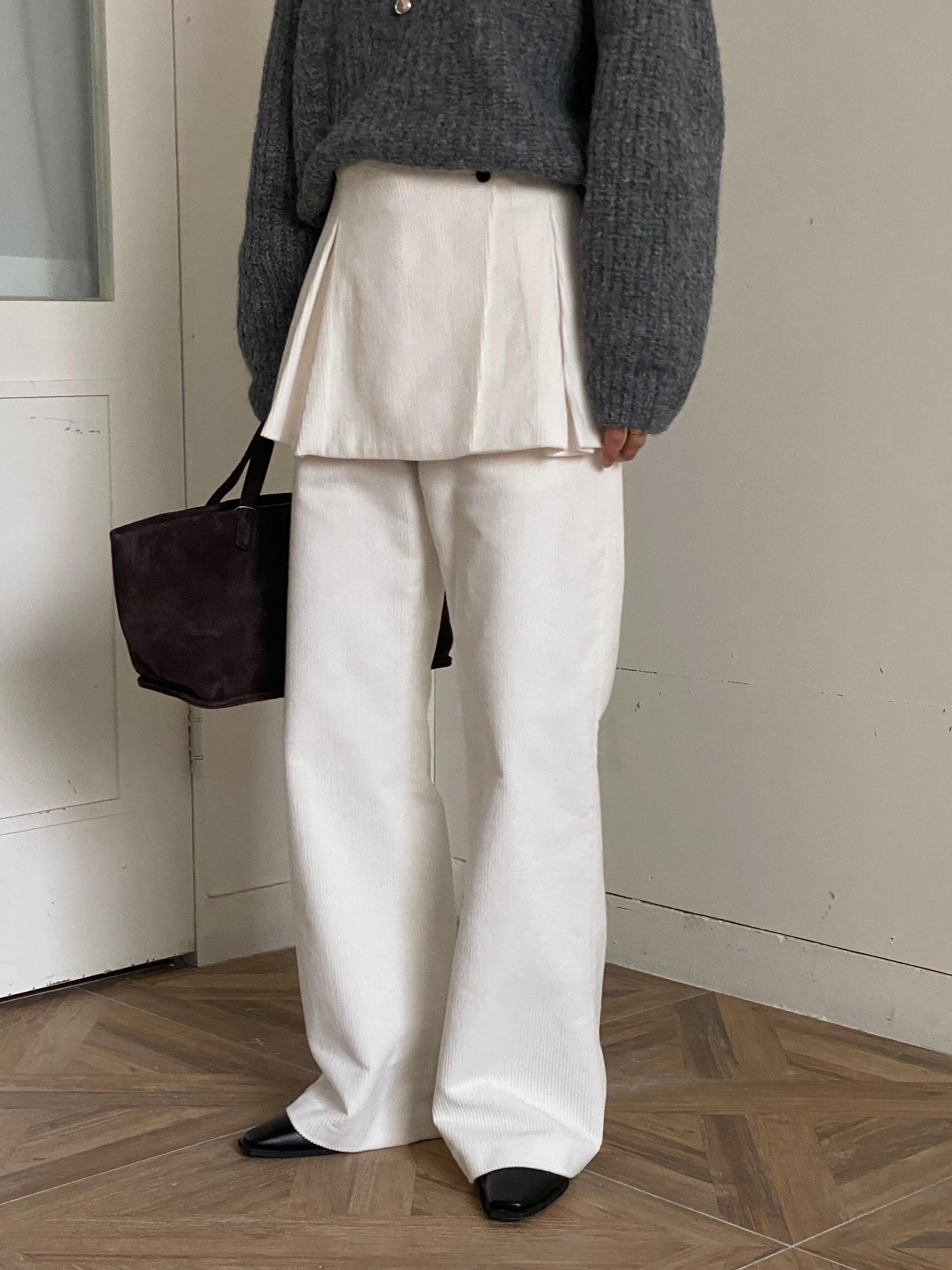 Cream Corduroy Layered Skirt Pants Product Image