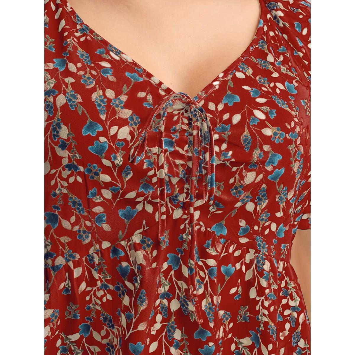 Plus Size Scarlet Bust-Comfort Floral Print Tie Blouse Women Short sleeve V-neck Everyday-Elegant Blouses BloomChic 10/M Product Image