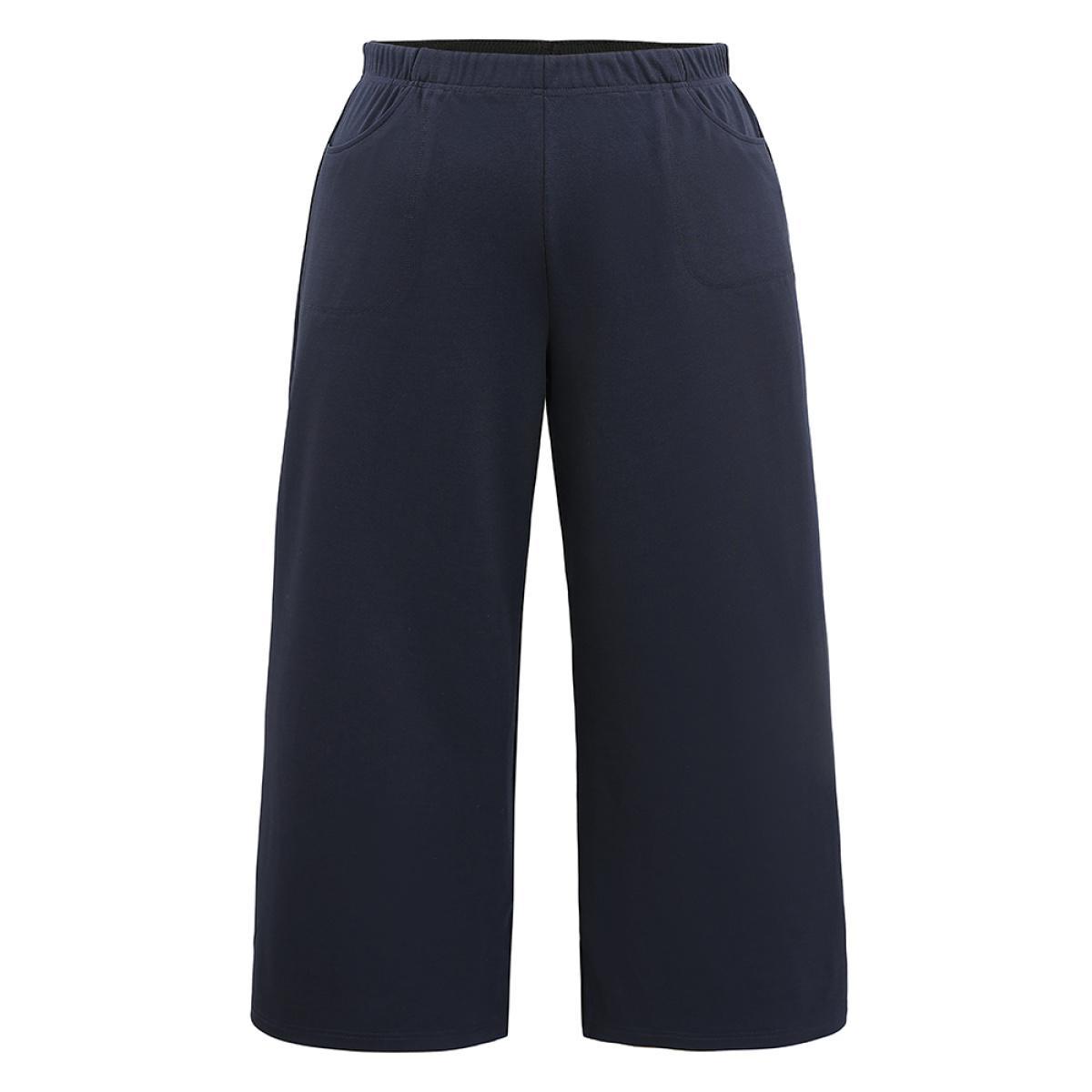 Plus Size Solid Wide Leg Elastic Waist Split Hem Pants Women Indigo Elegant Wide Leg High Rise Dailywear Pants BloomChic 30/6X Product Image