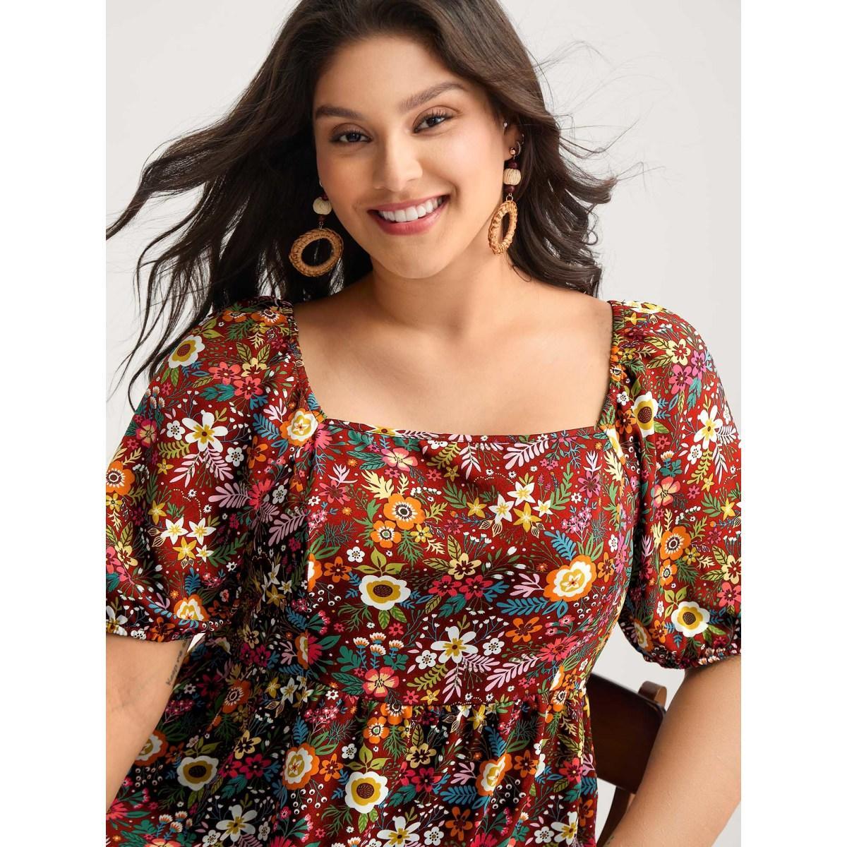 Plus Size Scarlet Floral Square Neck Fit and Flare Blouse Women Short sleeve Square Neck Vacation Blouses BloomChic 22-24/3X Product Image