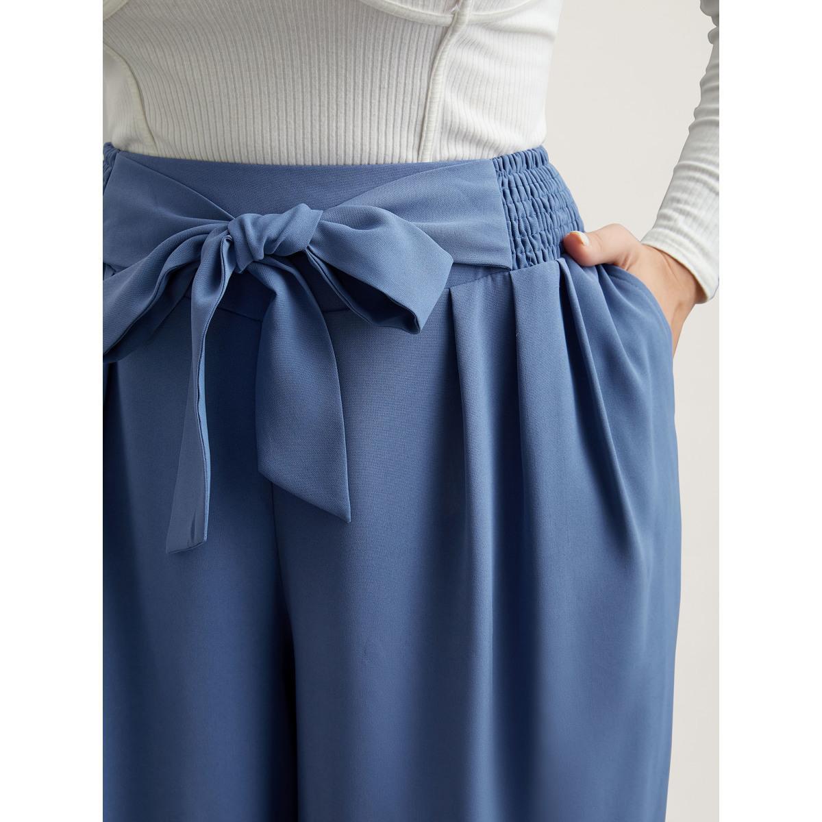 Plus Size Smocked Waist-Tie Flared Pants Women Mediumblue Elegant Wide Leg Mid Rise Everyday Pants BloomChic 18-20/2X Product Image