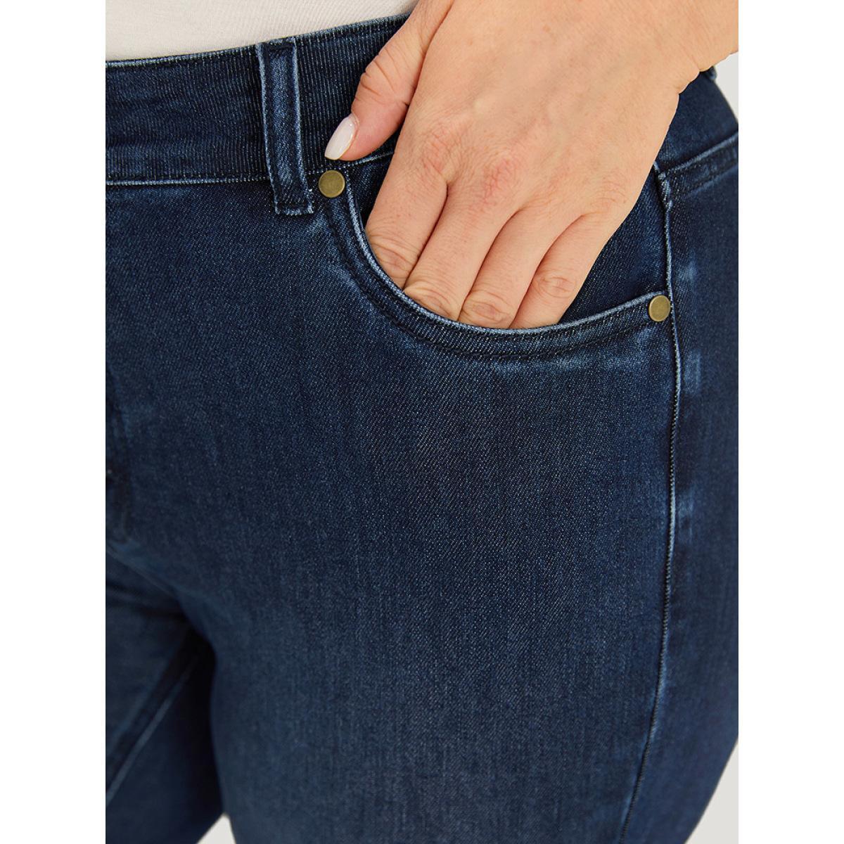 Plus Size Plain Button Fly High Rise Bootcut Jeans Women DarkBlue Casual Plain Plain Medium stretch Pocket Jeans BloomChic 22/3X Product Image