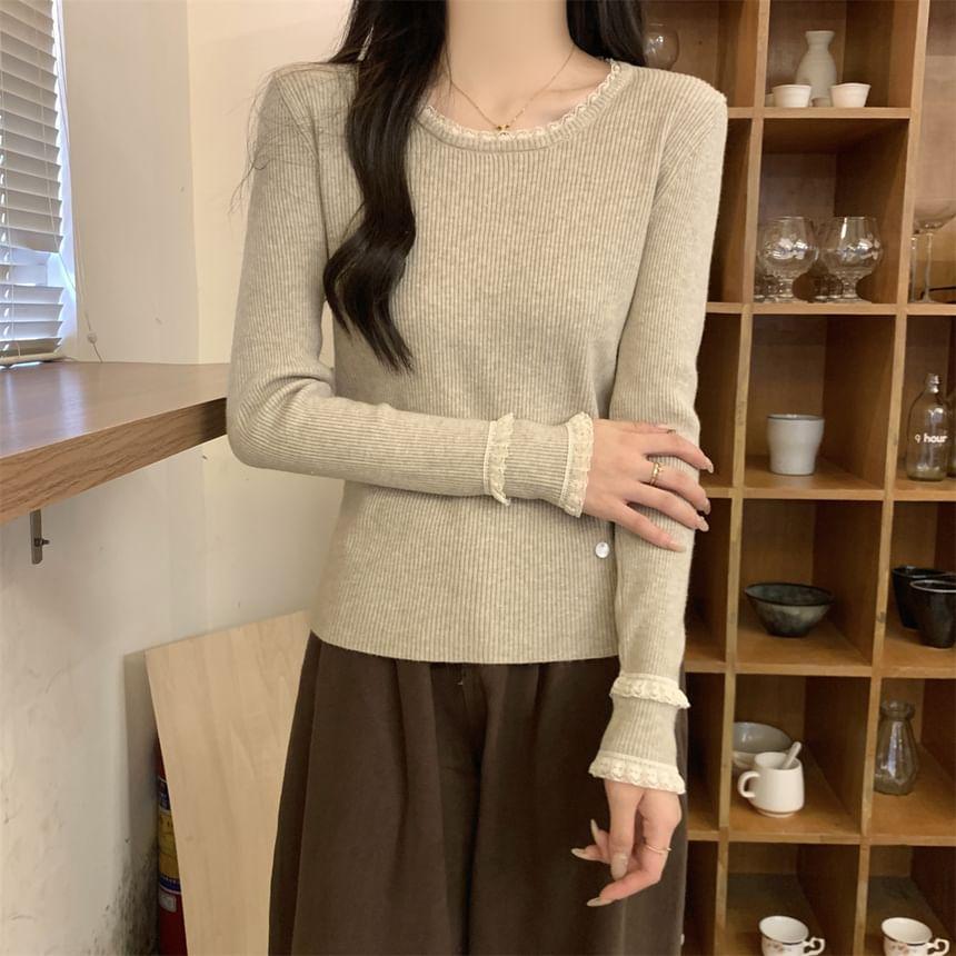 Long-Sleeve Round Neck Lace Trim Slim Fit Knit Top Product Image