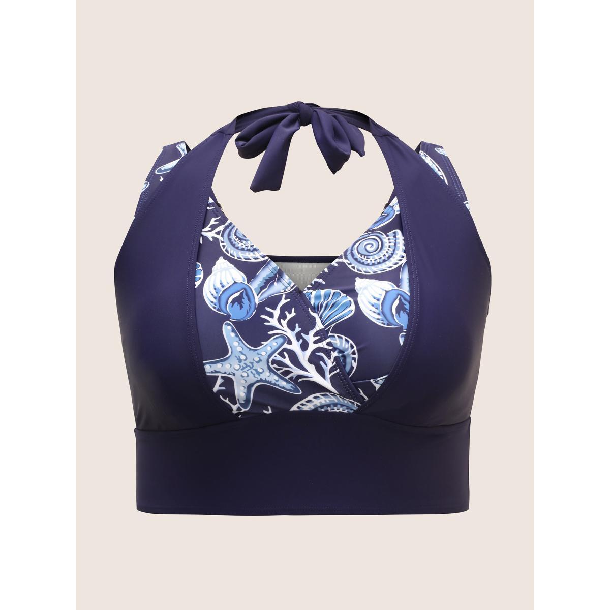 Plus Size Marine Elements Patchwork Tie Knot Swim Top Women's Swimwear Indigo Beach Cross straps High stretch Skinny V-neck Curve Swim Tops BloomChic 18-20/2X Product Image