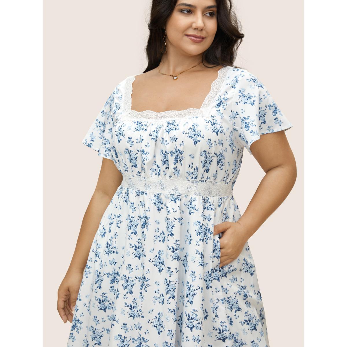 Plus Size Square Neck Lace Panel Pocket Dress LightBlue Women Elegant Woven ribbon&lace trim Square Neck Short sleeve Curvy BloomChic 22-24/3X Product Image