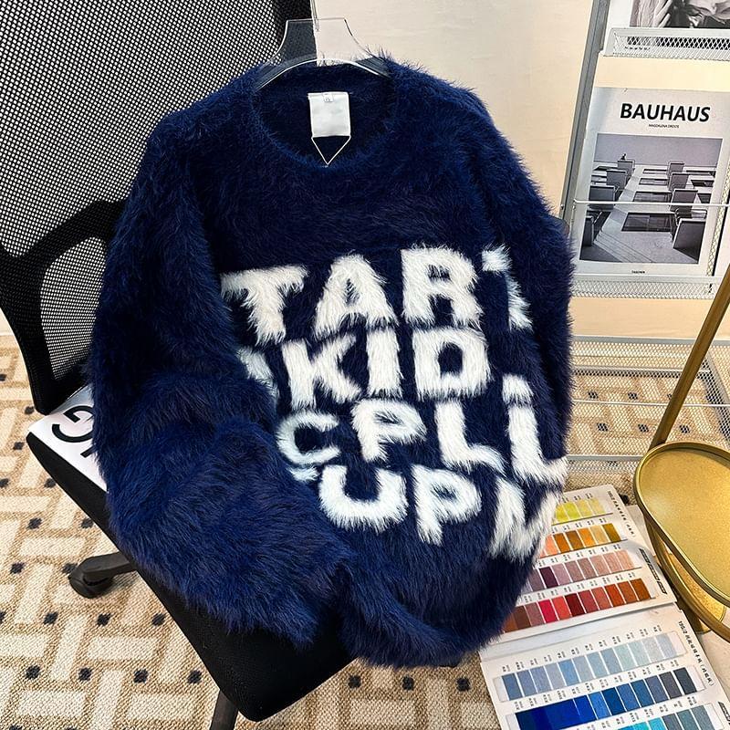 Long-Sleeve Crewneck Lettering Sweater Product Image