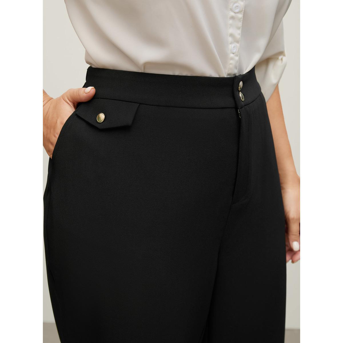 Plus Size Stretchy Double Button Straight-Leg Pants Women Black Loose Mid Rise Work Pants BloomChic 26/4X Product Image