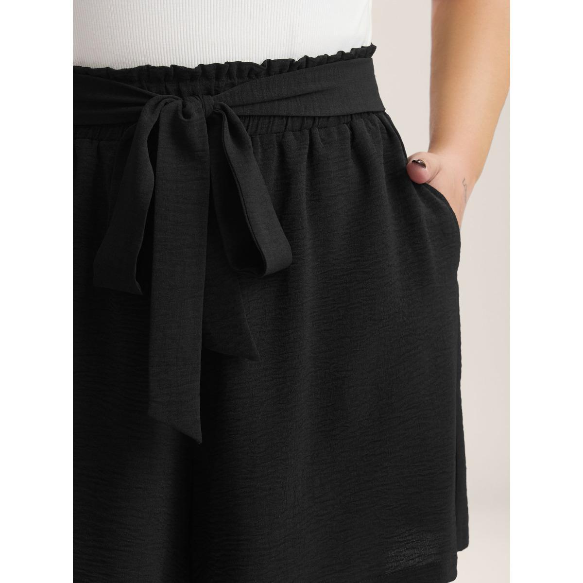 Plus Size Belted Wide-Leg Solid Shorts Women Black Elegant Tie knot Wide Leg Everyday-Elegant Shorts BloomChic 18-20/2X Product Image