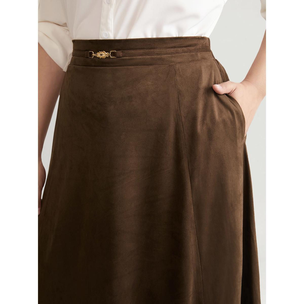 Plus Size Solid Buckle Detail Faux Suede A-line Skirt Women Bronze Office Style accents No stretch Pocket Work Skirts BloomChic 30/6X Product Image