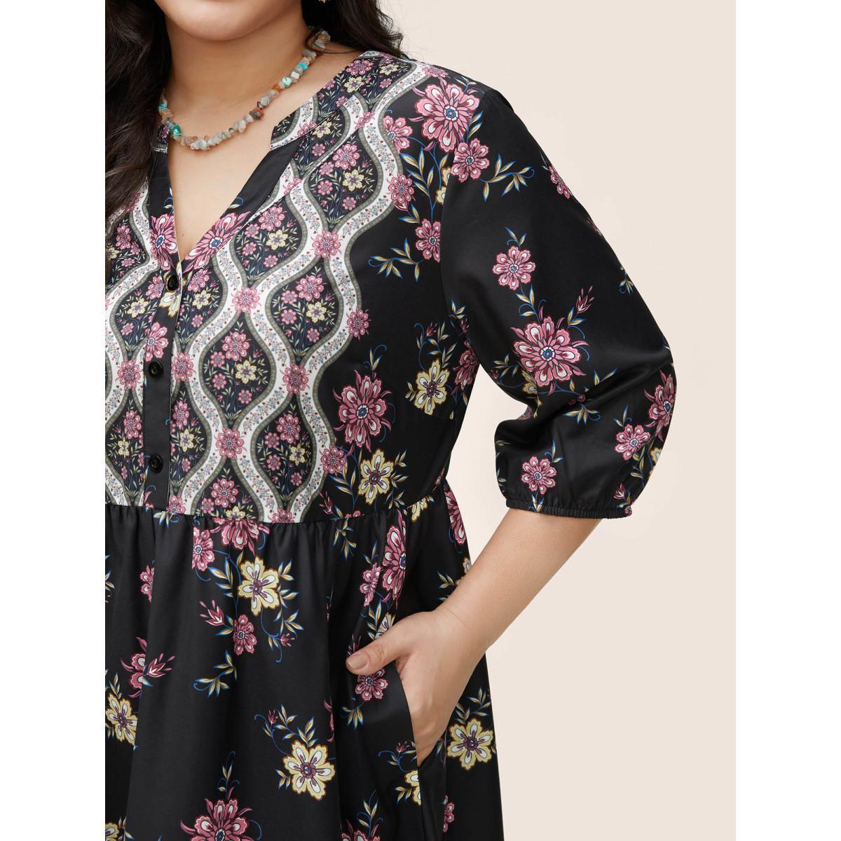Plus Size Boho Print Patchwork Notched Lantern Sleeve Dress Black Women Resort Non Notched collar Elbow-length sleeve Curvy Midi Dress BloomChic 10/M Product Image