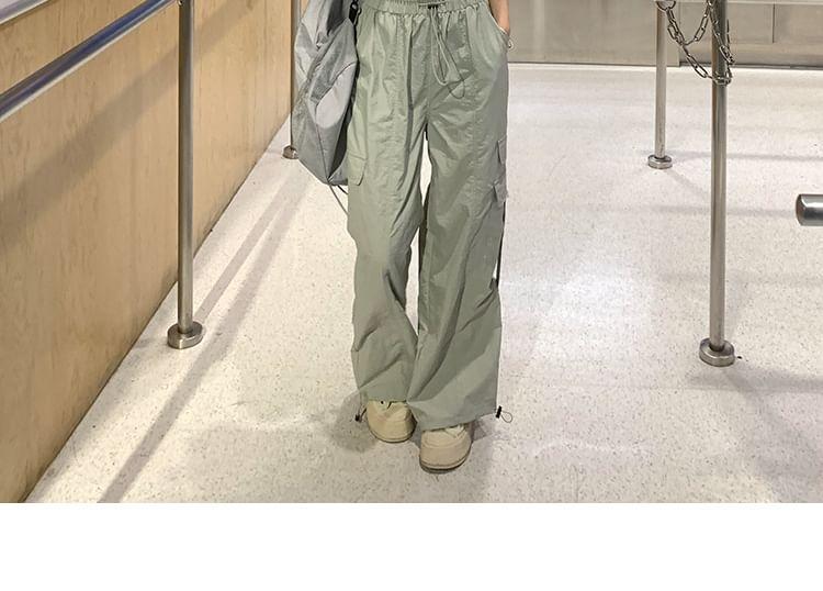 High Rise Plain Drawstring Wide Leg Cargo Pants Product Image