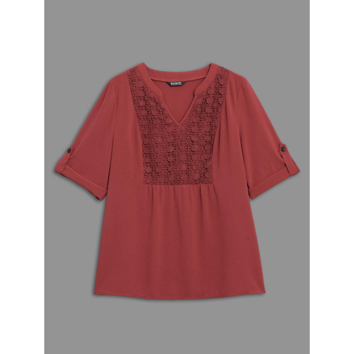 Plus Size Russet Notched Lace Panel Tab Sleeve Blouse Women Elegant Elbow-length sleeve Flat collar with V-notch Everyday Blouses BloomChic 18-20/2X Product Image
