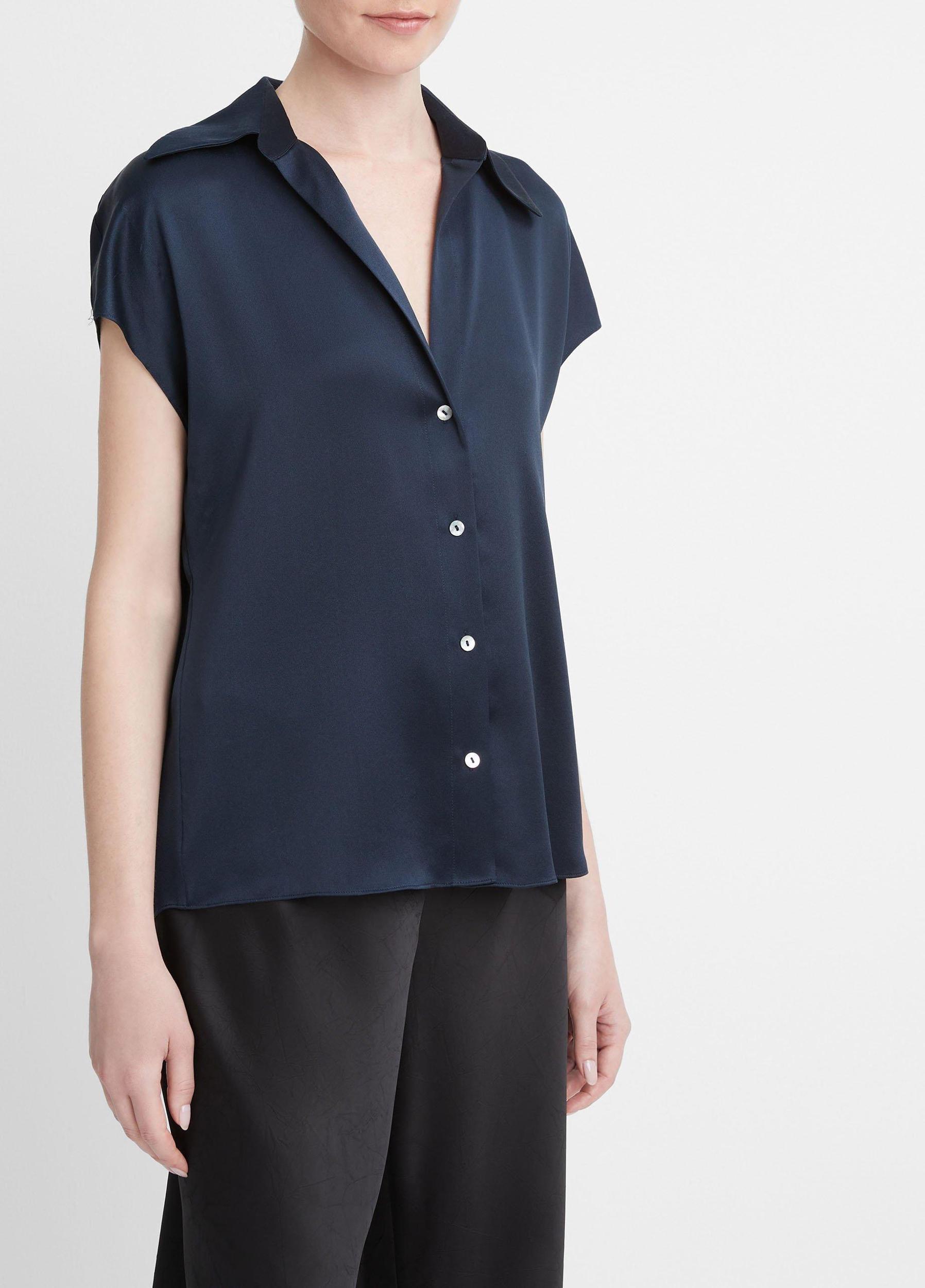 Womens Silk Cap-Sleeve Ruched-Back Blouse, Black, Size L Vince Product Image