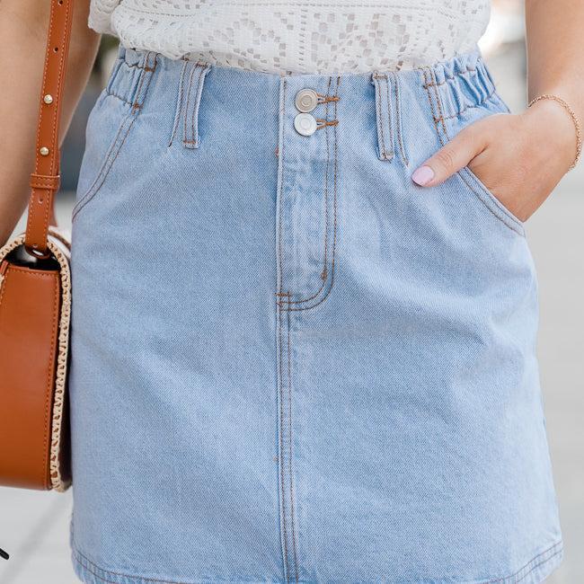 I've Been Thinking Light Wash Denim Paper Bag Waist Mini Skirt SALE Product Image